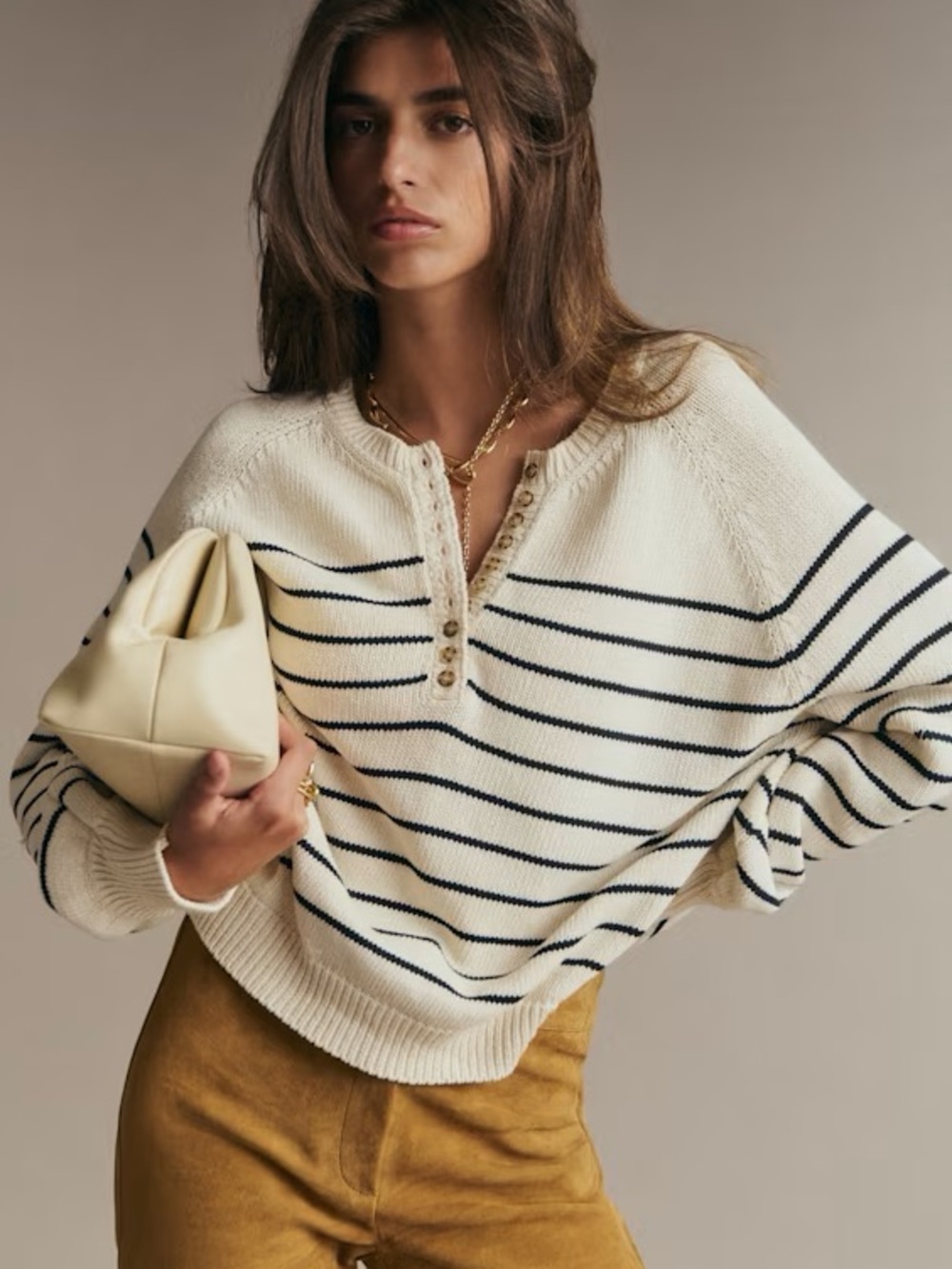 Sezane Leotine Cotton Cream Sweater with Navy Stripes